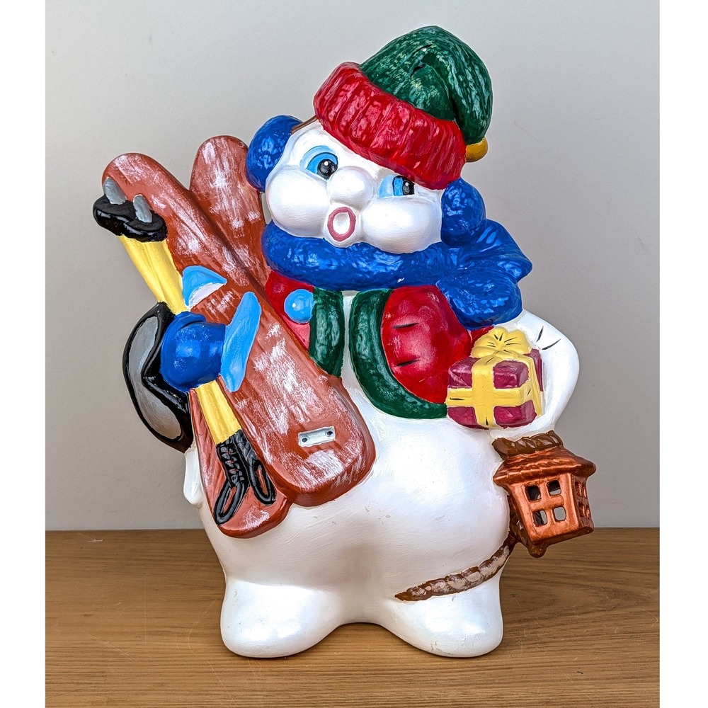 Vintage Hand Painted Ceramic Snowman Figurine Skis Lantern Christmas Decor 12"